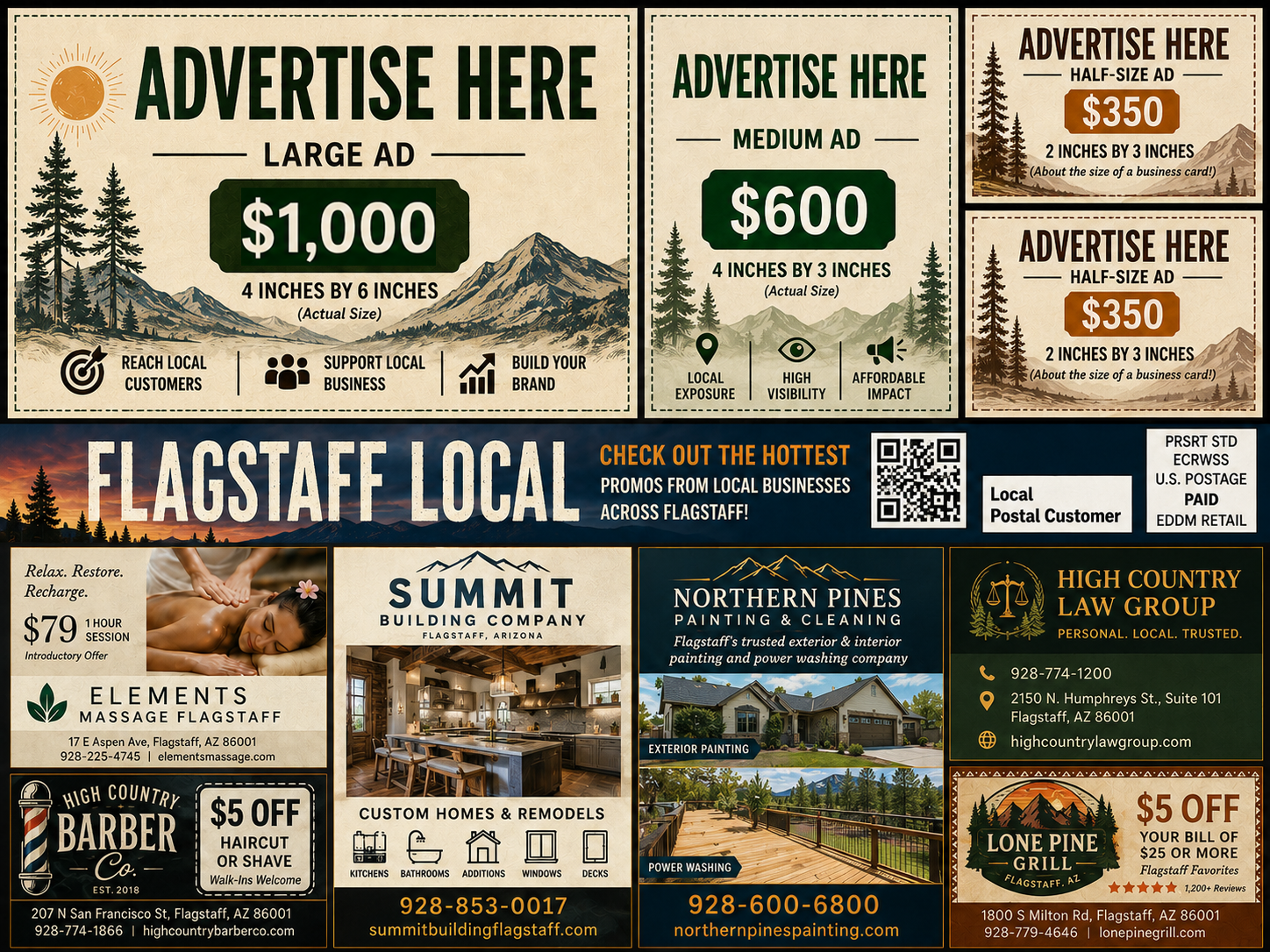 A printed Flagstaff Community Spotlight 9x12 postcard with local business ads